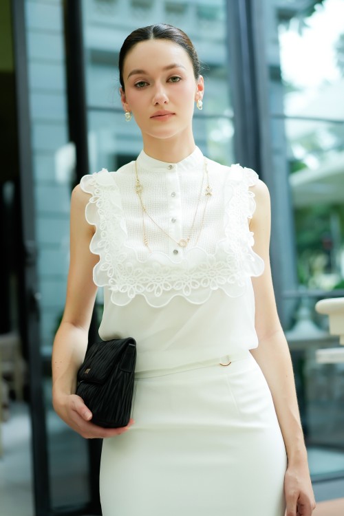 Sixdo White Sleeveless Organza Blouse